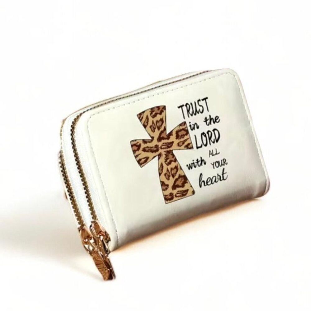 NEW - LEOPARD CROSS - FAUX LEATHER -TRUST IN THE LORD - ZIPPERED WALLET - WHITE - Picture 4 of 4